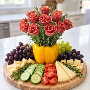 May include: A charcuterie arrangement on a round wooden board featuring a yellow bell pepper filled with salami roses and fresh rosemary sprigs. Surrounding the pepper are clusters of red and green grapes, cubed cheese, sliced cucumbers, cherry tomatoes, and cheese wedges.