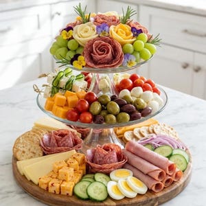 May include: A two-tiered glass serving stand and a round wooden board filled with an assortment of food. The top tier features salami, cheese, and green grapes arranged into roses with edible flowers. The lower tiers contain olives, tomatoes, cheese cubes, cucumber slices, crackers, ham rolls, and sliced hard-boiled eggs.