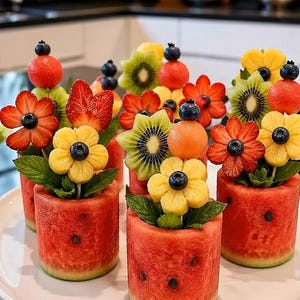 Peut inclure: Coupes cylindriques en pastèque garnies de brochettes de fruits en forme de fleurs. Les brochettes sont composées de tranches de fraises, d'ananas, de kiwi et de melon, surmontées de myrtilles. Des feuilles de menthe verte garnissent la base.