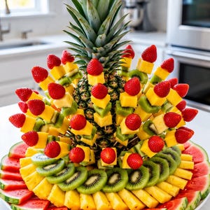 Puede incluir: Un arreglo de frutas decorativo con una piña entera en el centro, adornado con brochetas de fresas frescas, cubos de piña y rodajas de kiwi. La base está dispuesta con rodajas circulares de kiwi, piña y gajos de sandía.