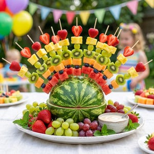 Könnte beinhalten: Ein Wassermelonen-Mittelstück mit Obstspießen aus Erdbeeren, Ananas, Kiwi, Cantaloupe-Melone und Blaubeeren in Fächerform. Die Basis enthält frische grüne Weintrauben, Erdbeeren, rote Weintrauben und eine kleine Schale mit Dip.