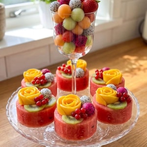 May include: A glass goblet filled with melon, dragon fruit, and strawberry spheres sits atop a glass pedestal tray. The tray holds five cylindrical watermelon bases topped with mango roses, kiwi slices, red currants, and dragon fruit pieces.