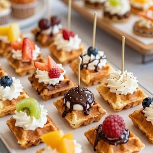 Peut inclure: Une collection de mini gaufres carrées garnies de crème fouettée, de fruits frais dont des fraises, framboises, myrtilles, kiwis et tranches de pêche, avec un filet de chocolat. Certaines gaufres comportent des piques en bois et des friandises.