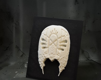 May include: A cream-colored, oval-shaped relief sculpture featuring intricate geometric carvings and textured, organic-looking edges, mounted centrally on a flat, solid black rectangular board.