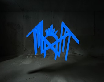 May include: A bright blue neon-style graphic logo featuring sharp, angular lines and a central crown-like element. The design is symmetrical with pointed extensions on both sides, creating a bold, stylized emblem against a dark, neutral background.