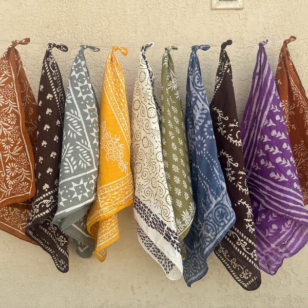 Set of 10 Bandanas, Handmade Cotton Bandana Bundle, Block Print Head Scarves, Boho Festival Bandana Set