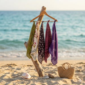 Op de afbeelding: Vijf kleurrijke bandana's hangen aan een houten kleerhanger op het strand. De bandana's zijn olijfgroen, crème met rode bloemen, bruin met witte stippen, bordeauxrood en paars met een paisley-ontwerp. Een rieten tas en schelpen liggen op de voorgrond.
