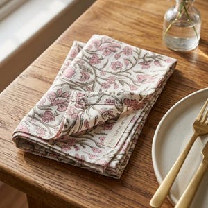 Può includere: Tovaglioli di stoffa piegati con motivi floreali bianchi e rosa su un tavolo di legno. I tovaglioli presentano un motivo floreale ripetuto in rosa e grigio. Un'etichetta bianca con la scritta "THE TEXTILE ATELIER" è visibile. Un piatto e posate dorate sono sullo sfondo.