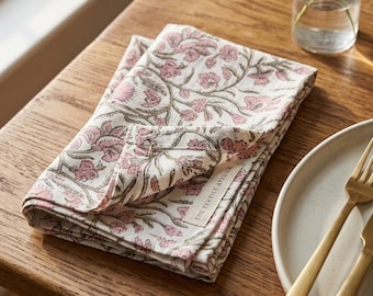 Handmade Block Print Cotton Napkins, Floral Cloth Dinner Napkins, Reusable Table Cotton, Farmhouse Table Decor Eco Friendly Kitchen Napkin