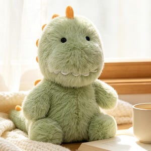 May include: A soft, green plush dinosaur toy with orange accents sits on a wooden table. The dinosaur has a friendly expression and is next to a cup of coffee and an open book. A cream-colored blanket is draped over the table.