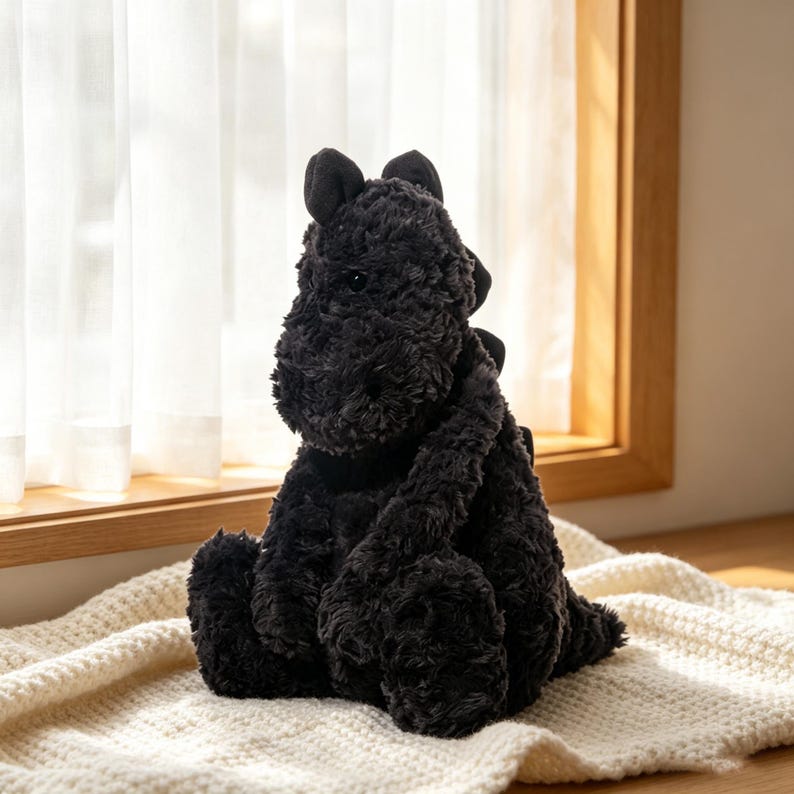 May include: A plush, black dragon toy with a textured, furry appearance. The dragon is sitting on a cream-colored blanket near a window. The toy has small ears and a curved tail.