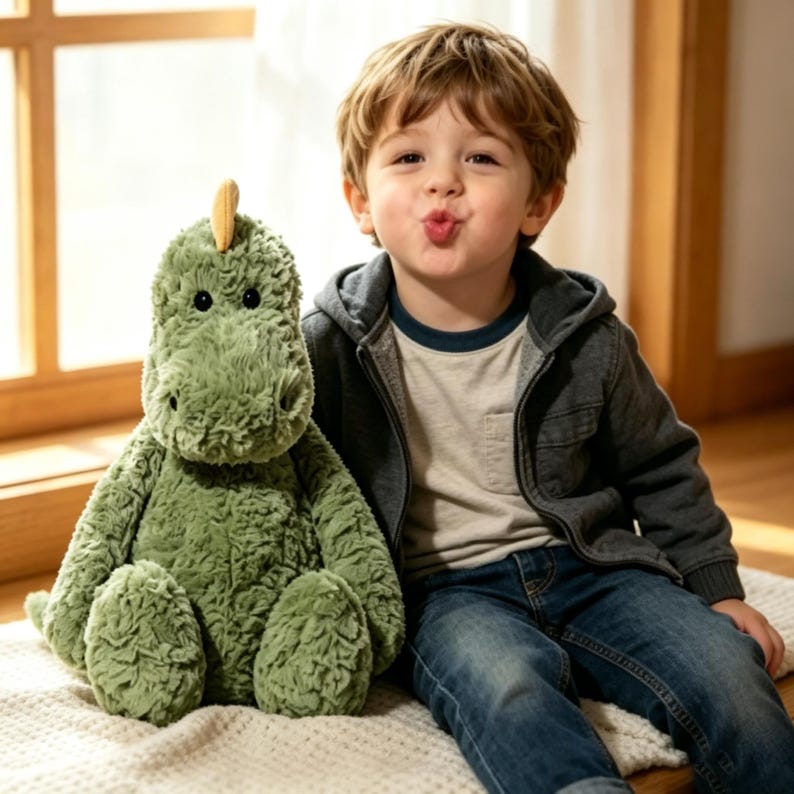 May include: A plush green dinosaur toy with a yellow horn sits next to a child wearing a gray hooded jacket and blue jeans. The dinosaur has a textured, soft appearance. The child is smiling and making a kissing face.