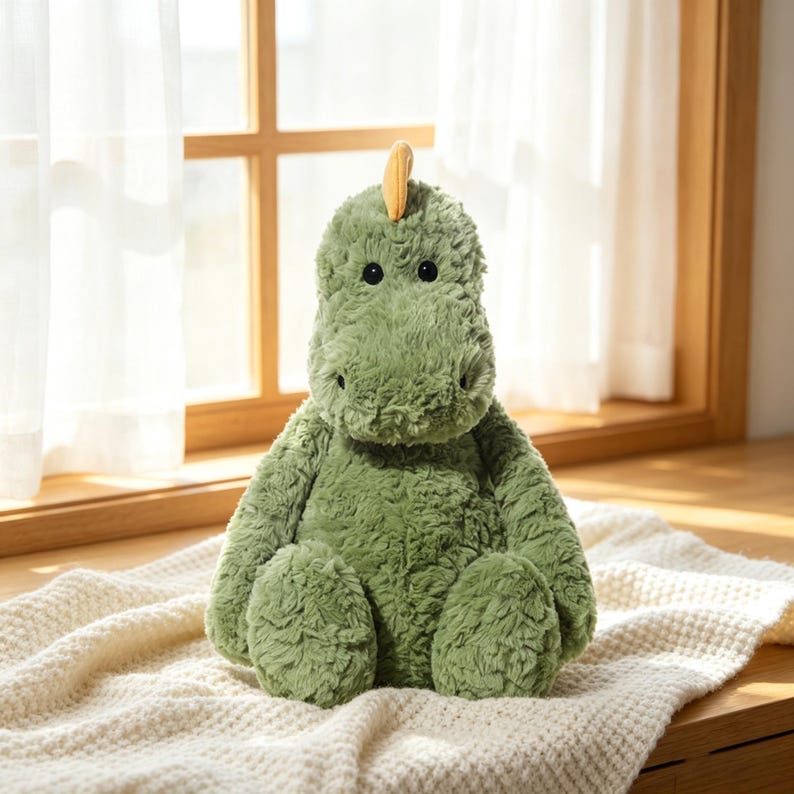 May include: A plush green dinosaur toy with a textured surface, featuring a small yellow crest on its head and black button eyes. The stuffed animal is sitting on a cream-colored blanket near a window.