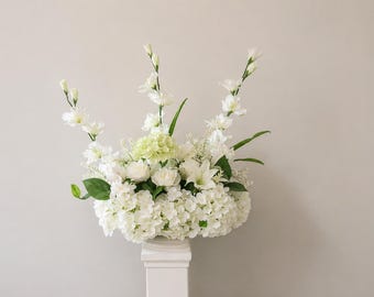 White Wedding Floral Arrangement, Aisle Marker or Centerpiece, Silk Hydrangea & Rose Decor, Elegant