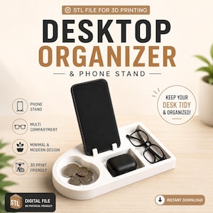Op de afbeelding: Een witte bureau-organizer en telefoonstandaard met een gleuf voor een smartphone, een rond vak voor kleine voorwerpen zoals munten en een rechthoekig gedeelte voor accessoires zoals een bril en oordopjes.