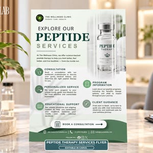 Op de afbeelding: Een marketingflyer voor peptide-therapiediensten met een witte achtergrond en donkergroene tekst. De flyer toont de titel Explore Our Peptide Services, een doorzichtig glazen flesje en secties voor consultatie, persoonlijke service en ondersteuning.
