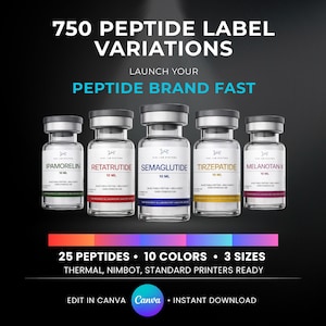 May include: The image shows five vials with peptide labels, including IPAMORELIN and RETATRUTIDE. Text states "750 PEPTIDE LABEL VARIATIONS" and "LAUNCH YOUR PEPTIDE BRAND FAST". It also mentions 25 peptides, 10 colours, and 3 sizes. The vials are against a dark background.