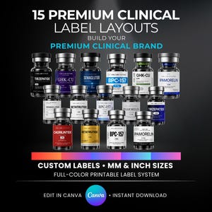 Ultimate Luxury Peptide Vials Label Template Bundle Custom Canva Editable 15 Premium Clinical Branding Layouts Printable MM & Inch Templates