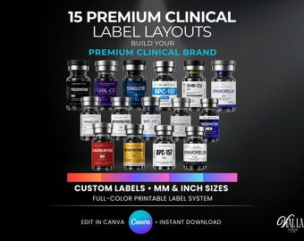 Ultimate Luxury Peptide Vials Label Template Bundle Custom Canva Editable 15 Premium Clinical Branding Layouts Printable MM & Inch Templates