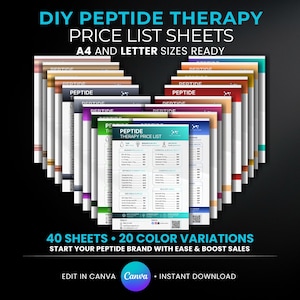 Puede incluir: Una colección de hojas de lista de precios para terapia de péptidos DIY, disponibles en tamaños A4 y carta. Las hojas son de varios colores y presentan el texto "PEPTIDE THERAPY PRICE LIST". La imagen también incluye el texto "40 HOJAS 20 VARIACIONES DE COLOR".