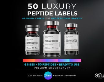 Luxury Silver Peptide Vials Labels Canva Editable Metallic Pharma Vials Stickers Templates Premium Clinical Branding Kit 50 Labels 4 Sizes