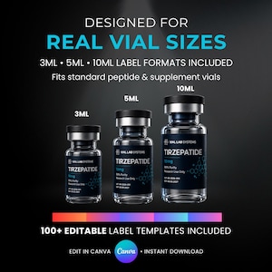 Può includere: Tre flaconi in vetro trasparente con tappi neri ed etichette blu scuro con la scritta Tirzepatide nelle misure 3ml, 5ml e 10ml. Il testo recita: DESIGNED FOR REAL VIAL SIZES, 3ML 5ML 10ML LABEL FORMATS INCLUDED, Fits standard peptide & supplement vials, 100+ EDITABLE LABEL TEMPLATES INCLUDED, EDIT IN CANVA, INSTANT DOWNLOAD.