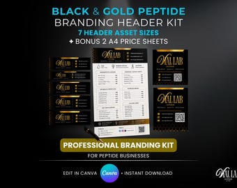 DIY Black & Gold Peptide Price List Header Canva Template Editable Peptide Business Branding Banner Assets 8 Sizes Peptide Price List Sheets