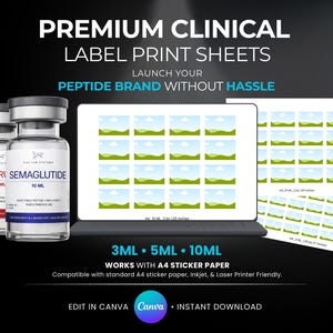 May include: Promotional image for label print sheets. The image features vials of injectable peptides, a laptop displaying label templates, and printed sheets. Text includes "Premium Clinical Label Print Sheets" and "Launch Your Peptide Brand Without Hassle."