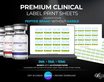 Premium Clinical Label Print Sheets Canva Template Editable Bottle Stickers Placement Guide A4 3ml 5ml 10ml Peptides Supplement Branding Kit