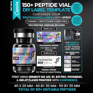 May include: A digital template for 150+ peptide vial labels, featuring a glass vial with a holographic Tirzepatide 10 mg label. Includes two printing versions for thermal, inkjet, and laser printers, with sizes 40x20 mm, 40x30 mm, and 50x30 mm.