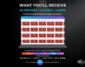 Premium DIY Red Pharma Peptide Vials Label Template Canva Editable 50 Labels 4 Sizes Clinical Branding Kits Research Inkjet Laser Printable