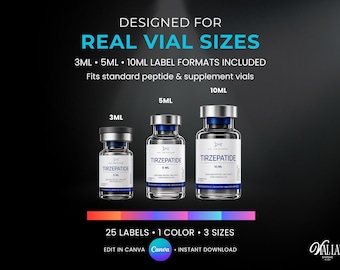 Clinical Blue Peptide Vial Label Template Canva Editable Tirzepatide Bottle Stickers 25 Labels 3 Sizes DIY Supplement Branding Kit Printable