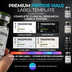 Op de afbeelding: Een hand houdt een heldere glazen flacon met het label "Tirzepatide 5 ML". De afbeelding toont een sjabloon voor premium peptide vials, met opties in Clinical White, Matte Black, Stone Gray en Apothecary Beige. De tekst luidt "Edit in Canva".