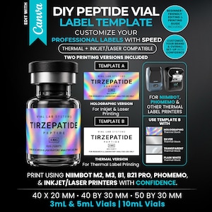 DIY Niimbot Peptide Vials Label Template Canva Editable Thermal Phomemo Inkjet Laser Printable 3 Sizes Instant Download Customize Your Label