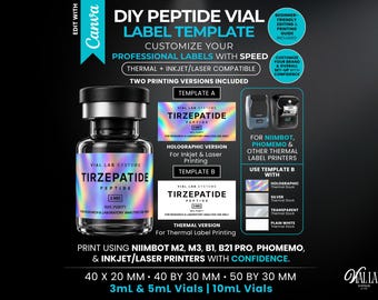 DIY Niimbot Peptide Vials Label Template Canva Editable Thermal Phomemo Inkjet Laser Printable 3 Sizes Instant Download Customize Your Label