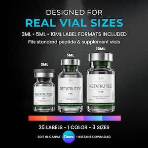 Op de afbeelding: Afbeelding met drie flesjes met het label "RETATRUTIDE" in de maten 3ml, 5ml en 10ml. De tekst "DESIGNED FOR REAL VIAL SIZES" en "25 LABELS • 1 COLOR • 3 SIZES" zijn zichtbaar. De flesjes staan op een zwarte achtergrond.