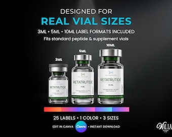 Inkjet Laser Green Peptide Vials Label Template Canva Editable 25 Labels 1 Green 3 Sizes DIY Supplement Branding Kits Peptide Vinyl Prints