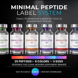 May include: A product image featuring six vials of Semaglutide, each with a different colored cap and label. The labels read "Semaglutide 5 ML". The image also includes text that says "Minimal Peptide Label System" and "25 Peptides • 6 Colors • 3 Sizes".