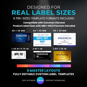 May include: A digital graphic displaying six pre-sized label templates for vials, featuring text including DESIGNED FOR REAL LABEL SIZES, 6 PRE-SIZED TEMPLATE FORMATS INCLUDED, and 9 MASTER LAYOUTS FULLY EDITABLE CUSTOM LABEL TEMPLATES.