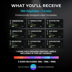 May include: Professionally designed label templates for peptides, including Tirzepatide, Semaglutide, and Retatrutide. The set includes 100 peptides and is available in 3 sizes: 3ML, 5ML, and 10ML. Edit in Canva and download instantly.
