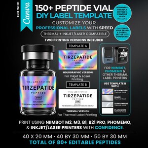 May include: A digital template for 150+ peptide vial labels, featuring a glass vial with a holographic Tirzepatide label. Includes instructions for thermal, inkjet, and laser printers, with compatibility for Niimbot and Phomemo devices in various sizes.