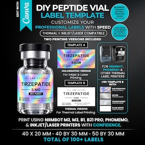 May include: A DIY peptide vial label template featuring a clear glass vial with a holographic label reading TIRZEPATIDE 5 MG. Includes two printing versions, Template A for inkjet/laser and Template B for thermal printers, with sizes 40x20mm, 40x30mm, and 50x30mm.