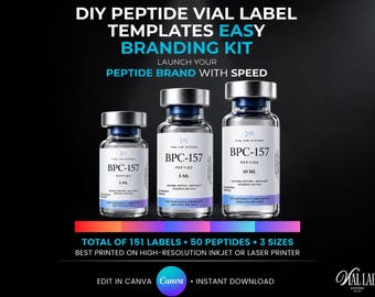 DIY Peptide Vials Label Template Canva Editable Modern Premium Clinical Biotech Branding Kit Vial Sticker Design Easy Inkjet Laser Printable