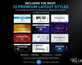 DIY Custom Labels Luxury Peptide Vials Label Templates Full Color Inkjet Laser Professional Print Canva Editable 12 Premium Clinical Designs