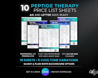 Modern Cool Tones Peptide Printable Price List Peptide Vials Label Template QR Codes Sign 5 Color Variations Canva Editable Instant Download