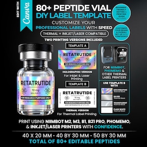 Puede incluir: Una plantilla digital para más de 80 etiquetas de viales de péptidos con un vial de vidrio transparente y una etiqueta holográfica que dice RETATRUTIDE 10 mg. Incluye instrucciones para impresoras térmicas, de inyección y láser, tamaños 40x20mm, 40x30mm y 50x30mm.