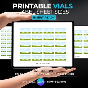 May include: Printable vials label sheet sizes with insert-ready text. The image shows label sheets with landscape images. The sizes are 1.25 by 0.7 inches, 2 by 1 inches, and 2 by 1.25 inches. The image also includes the text "Edit in Canva" and "Instant Download."