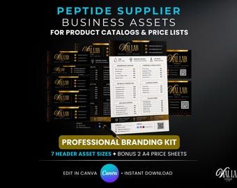 Professional Luxury Black & Gold Peptide Supplier Assets Canva Template Price List Header Kit Editable Catalog Branding Sheet Business Asset