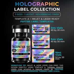 May include: A holographic label collection for vials featuring the text HOLOGRAPHIC LABEL COLLECTION, 3 SIZES, 1 LAYOUT, HOLOGRAPHIC FINISH, TEMPLATE A, INKJET & LASER READY, PEPTIDE LABEL TEMPLATES, TIRZEPATIDE, 10 MG, 99% PURITY, and FOR RESEARCH PURPOSES ONLY.