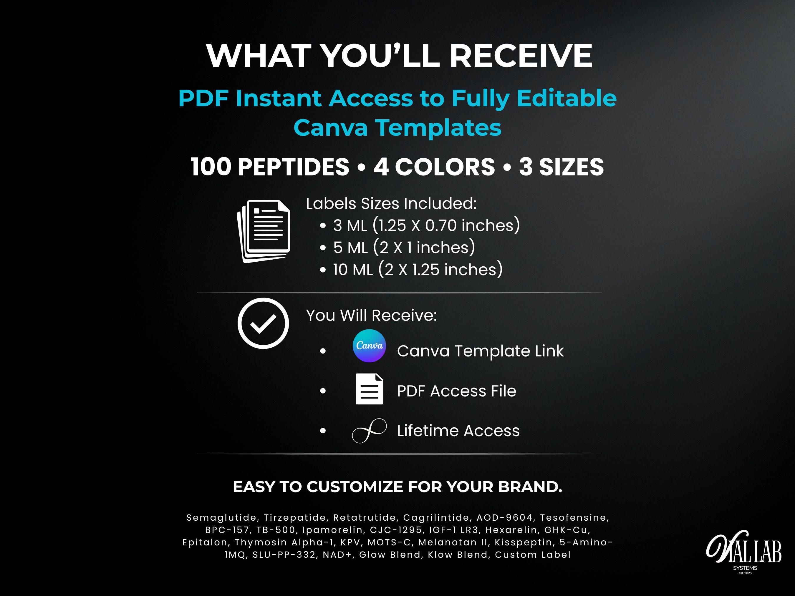 Premium Peptide Vials Label Template Bundle Canva Editable Complete Clinical Collections Research 4 Layout 3 Sizes Premium Printable Sticker